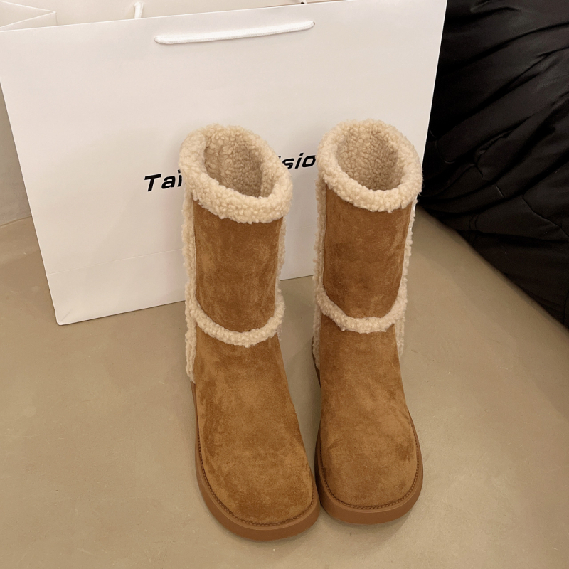 Ghete de iarnă pentru femei, exterior din microfibră piele, talpă din cauciuc, căptușeală din blană sintetică scurtă, înălțime glezna medie, toc gros 3-5 cm