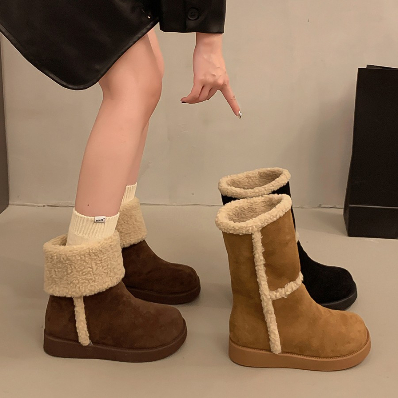 Ghete de iarnă pentru femei, exterior din microfibră piele, talpă din cauciuc, căptușeală din blană sintetică scurtă, înălțime glezna medie, toc gros 3-5 cm