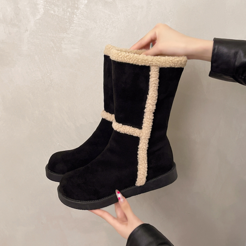 Ghete de iarnă pentru femei, exterior din microfibră piele, talpă din cauciuc, căptușeală din blană sintetică scurtă, înălțime glezna medie, toc gros 3-5 cm