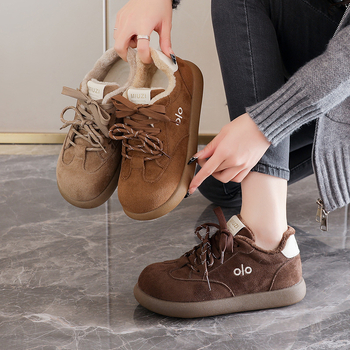 Pantofi damă din bumbac, partea superioară velur, toc mediu 3-5 cm, închidere cu șireturi, sneakers casual de iarnă cu căptușeală din blană artificială