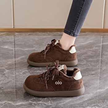 Pantofi damă din bumbac, partea superioară velur, toc mediu 3-5 cm, închidere cu șireturi, sneakers casual de iarnă cu căptușeală din blană artificială