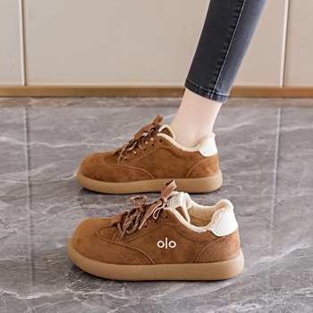 Pantofi damă din bumbac, partea superioară velur, toc mediu 3-5 cm, închidere cu șireturi, sneakers casual de iarnă cu căptușeală din blană artificială