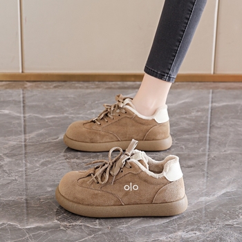 Pantofi damă din bumbac, partea superioară velur, toc mediu 3-5 cm, închidere cu șireturi, sneakers casual de iarnă cu căptușeală din blană artificială