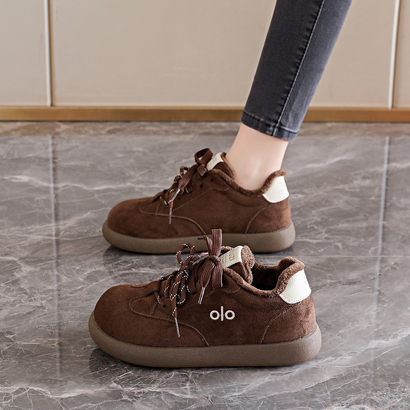 Pantofi damă din bumbac, partea superioară velur, toc mediu 3-5 cm, închidere cu șireturi, sneakers casual de iarnă cu căptușeală din blană artificială