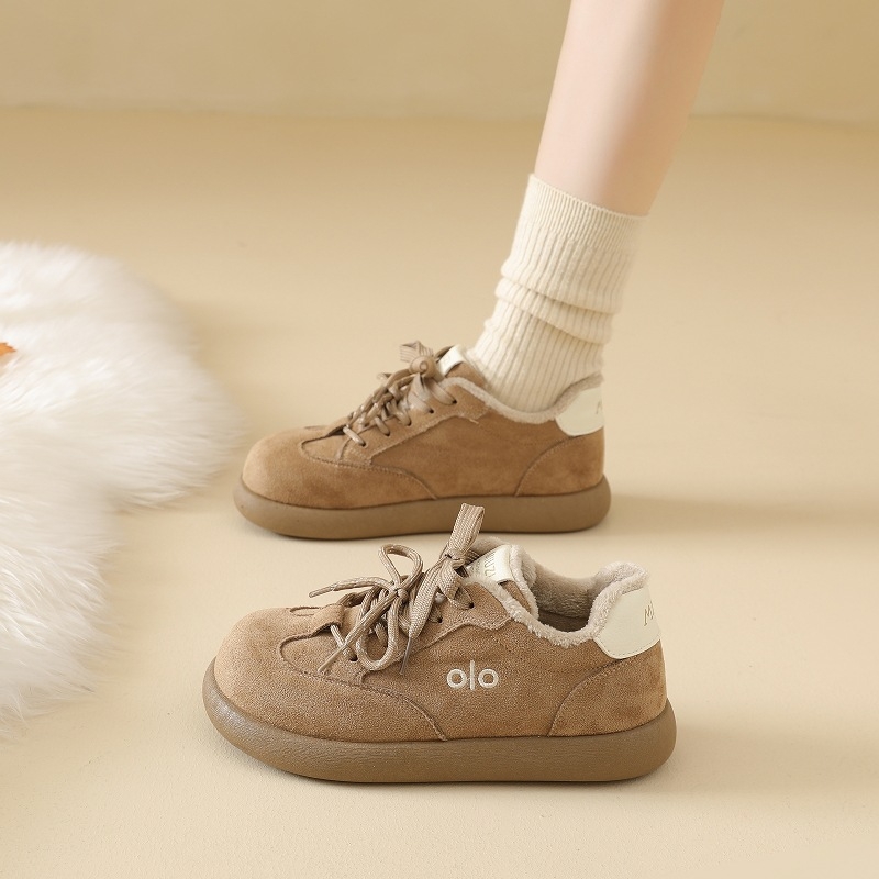 Pantofi damă din bumbac, partea superioară velur, toc mediu 3-5 cm, închidere cu șireturi, sneakers casual de iarnă cu căptușeală din blană artificială