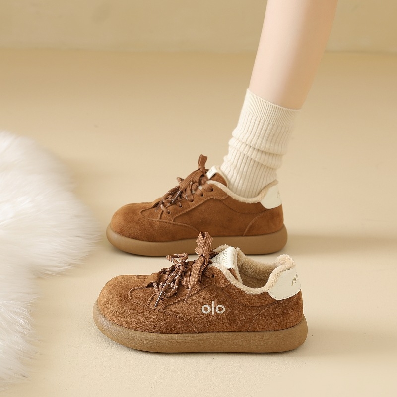 Pantofi damă din bumbac, partea superioară velur, toc mediu 3-5 cm, închidere cu șireturi, sneakers casual de iarnă cu căptușeală din blană artificială