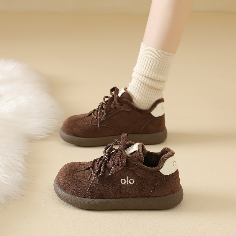 Pantofi damă din bumbac, partea superioară velur, toc mediu 3-5 cm, închidere cu șireturi, sneakers casual de iarnă cu căptușeală din blană artificială