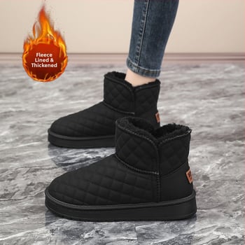 Ženské zimné krátke čižmy, kórejský štýl, Slip-On, PU vrchnok, fleecová podšívka, gumová podrážka, nízky podpätok, protišmykové