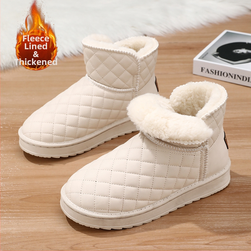 Ženské zimné krátke čižmy, kórejský štýl, Slip-On, PU vrchnok, fleecová podšívka, gumová podrážka, nízky podpätok, protišmykové