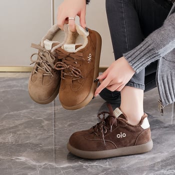Dámske semišové topánky s hrubou gumovou podrážkou, okrúhla špička, šnurovanie, zimný štýl, stredná výška podpätku 3-5 cm