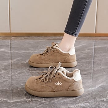 Dámske semišové topánky s hrubou gumovou podrážkou, okrúhla špička, šnurovanie, zimný štýl, stredná výška podpätku 3-5 cm