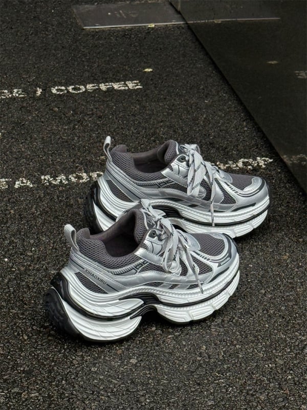 Ženske tenisice u stilu Dad sneakers, prozračni gornji dio s mrežastom podstavom, srednje visoko, peta 6–8 cm, gumena potplat, vezice, svakodnevne sportske tenisice