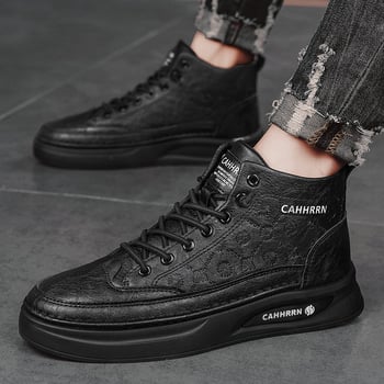 Pánske vysoké kožené tenisky s hrubou podrážkou, Slip-On s elastickým pásom, priedušná sieťovinová podšívka