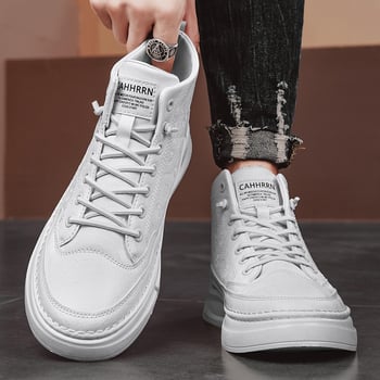 Pánske vysoké kožené tenisky s hrubou podrážkou, Slip-On s elastickým pásom, priedušná sieťovinová podšívka