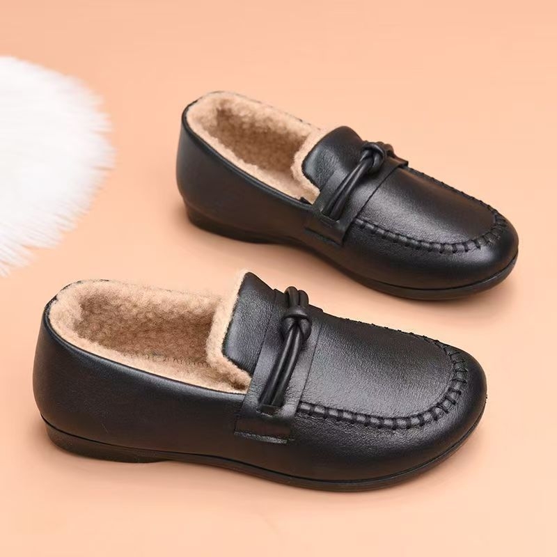 Ženske plišane slip-on mokasice za zimu 2025, niska potpetica 1–3 cm, gumena potplata, okrugli vrh