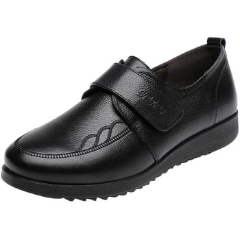 Középkorú nők számára készült valódi bőr cipő Velcro zárással, anti-slip PU talp, kerek orr, lapos sarok