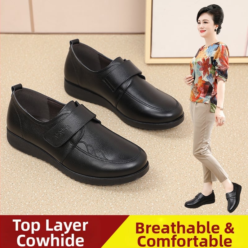 Középkorú nők számára készült valódi bőr cipő Velcro zárással, anti-slip PU talp, kerek orr, lapos sarok