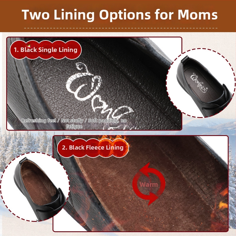 Középkorú nők számára készült valódi bőr cipő Velcro zárással, anti-slip PU talp, kerek orr, lapos sarok