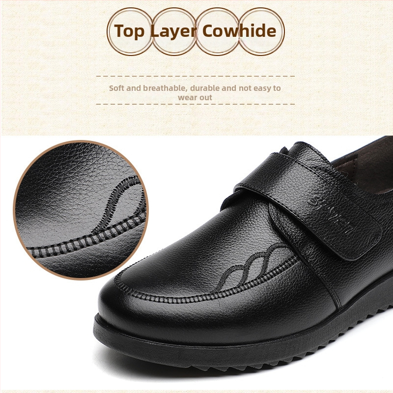 Középkorú nők számára készült valódi bőr cipő Velcro zárással, anti-slip PU talp, kerek orr, lapos sarok