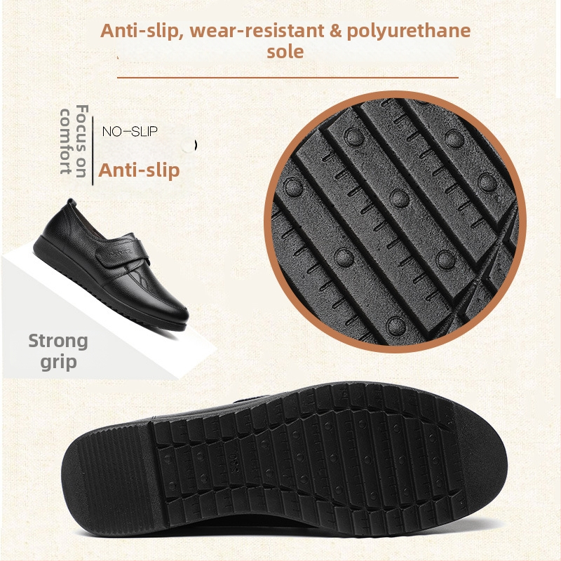 Középkorú nők számára készült valódi bőr cipő Velcro zárással, anti-slip PU talp, kerek orr, lapos sarok
