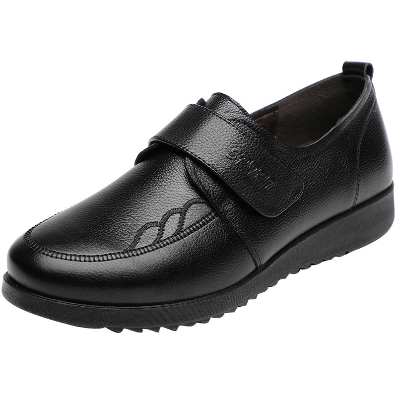 Középkorú nők számára készült valódi bőr cipő Velcro zárással, anti-slip PU talp, kerek orr, lapos sarok