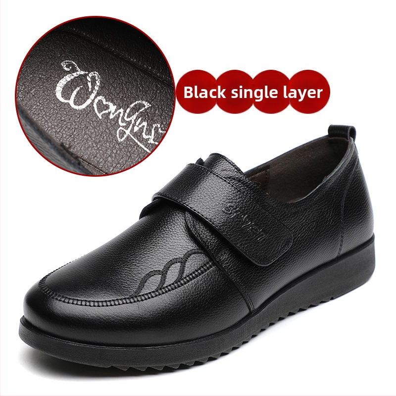 Középkorú nők számára készült valódi bőr cipő Velcro zárással, anti-slip PU talp, kerek orr, lapos sarok