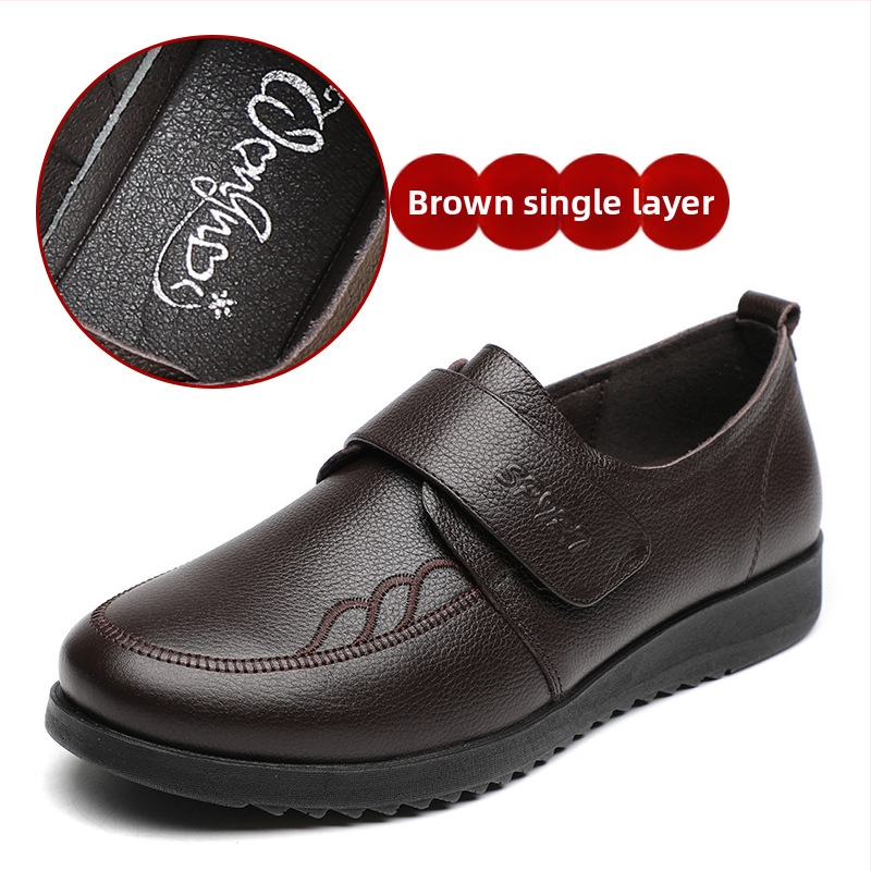 Középkorú nők számára készült valódi bőr cipő Velcro zárással, anti-slip PU talp, kerek orr, lapos sarok