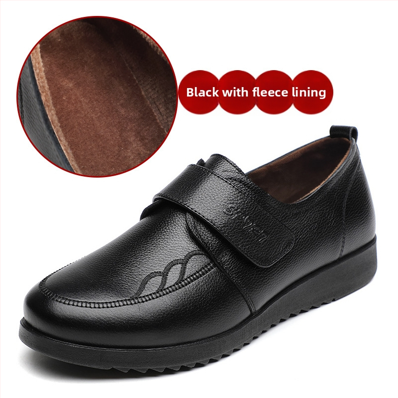 Középkorú nők számára készült valódi bőr cipő Velcro zárással, anti-slip PU talp, kerek orr, lapos sarok