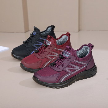 Sievietes siltas staigāšanas kurpes ar augšdaļu no mākslīgās ādas un auduma, poliuretāna zole, ziema, apaļa purngala, zems papēdis 1–3 cm