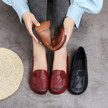 Kožne loaferice za žene, okrugli vrh, cvjetni uzorak, niski pet 1–3 cm