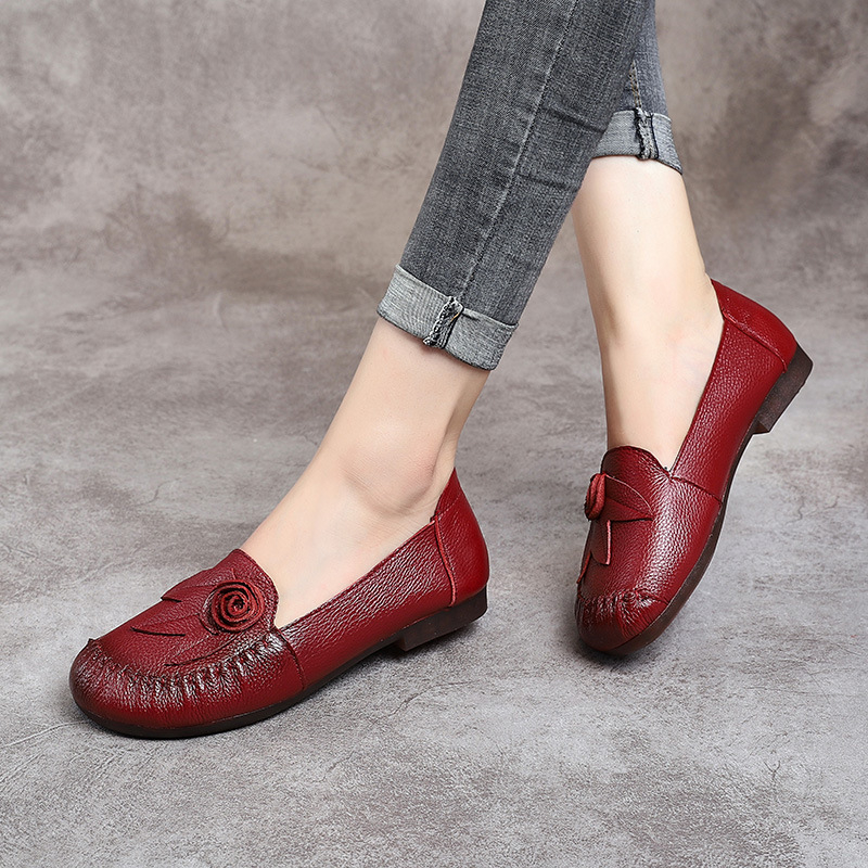 Kožne loaferice za žene, okrugli vrh, cvjetni uzorak, niski pet 1–3 cm