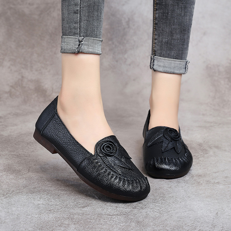 Kožne loaferice za žene, okrugli vrh, cvjetni uzorak, niski pet 1–3 cm