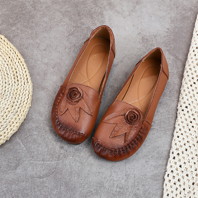 Kožne loaferice za žene, okrugli vrh, cvjetni uzorak, niski pet 1–3 cm