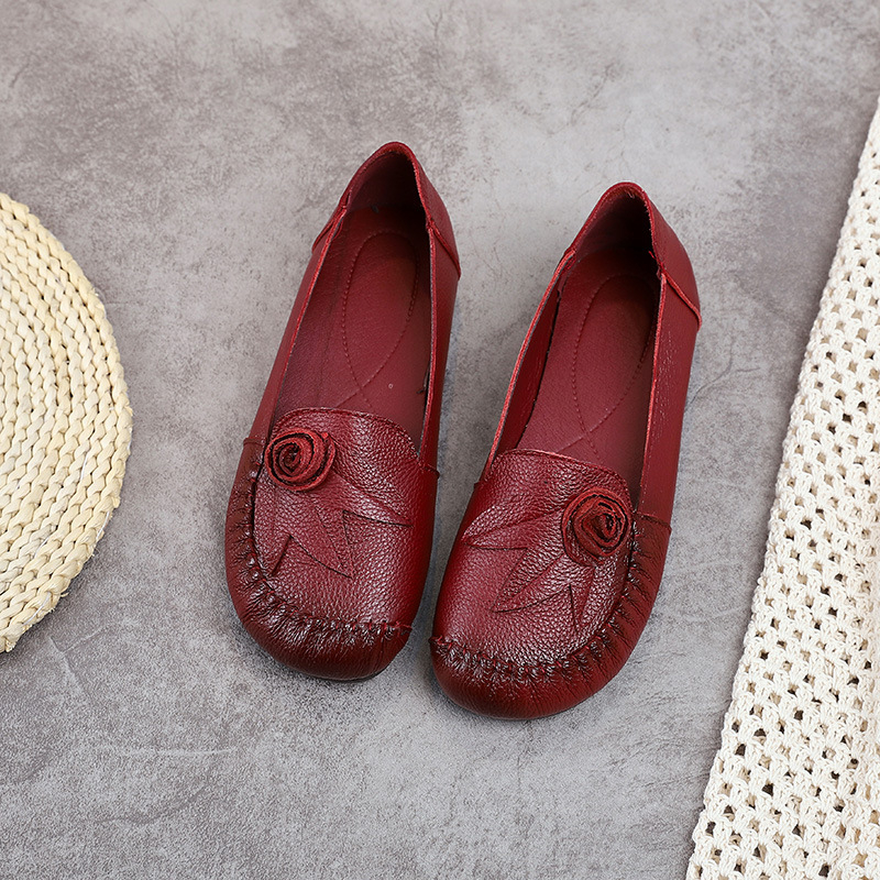 Kožne loaferice za žene, okrugli vrh, cvjetni uzorak, niski pet 1–3 cm