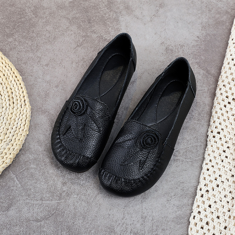 Kožne loaferice za žene, okrugli vrh, cvjetni uzorak, niski pet 1–3 cm