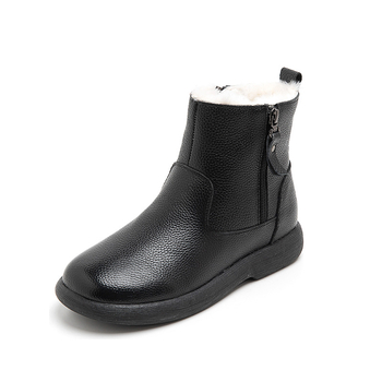 Női téli csizma valódi bőrből, gyapjúbéléssel, gumitalppal, alacsony sarokkal, kerek orral