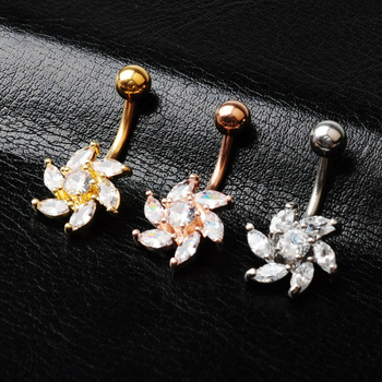 Unisex metalni pupak piercing s cvjetnim dizajnom i cirkonima, elektroplatiranje