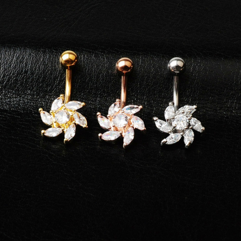 Unisex metalni pupak piercing s cvjetnim dizajnom i cirkonima, elektroplatiranje