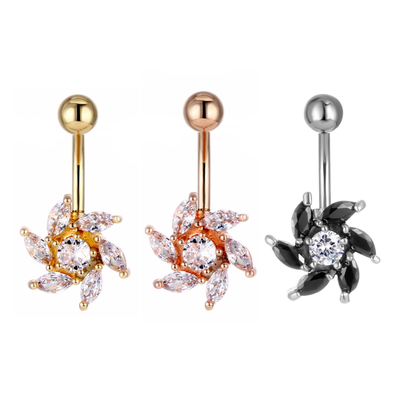 Unisex metalni pupak piercing s cvjetnim dizajnom i cirkonima, elektroplatiranje