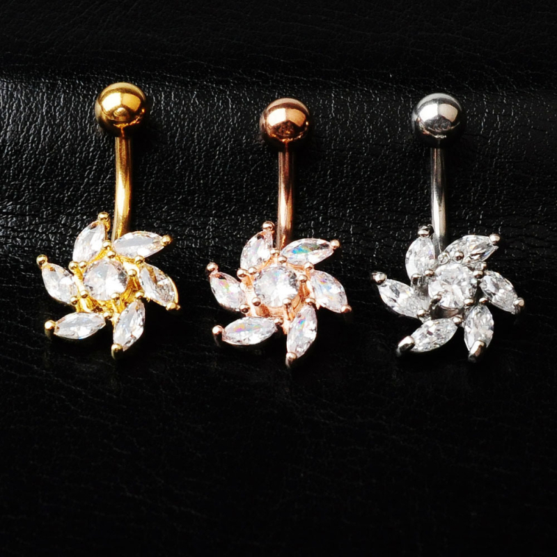 Unisex metalni pupak piercing s cvjetnim dizajnom i cirkonima, elektroplatiranje