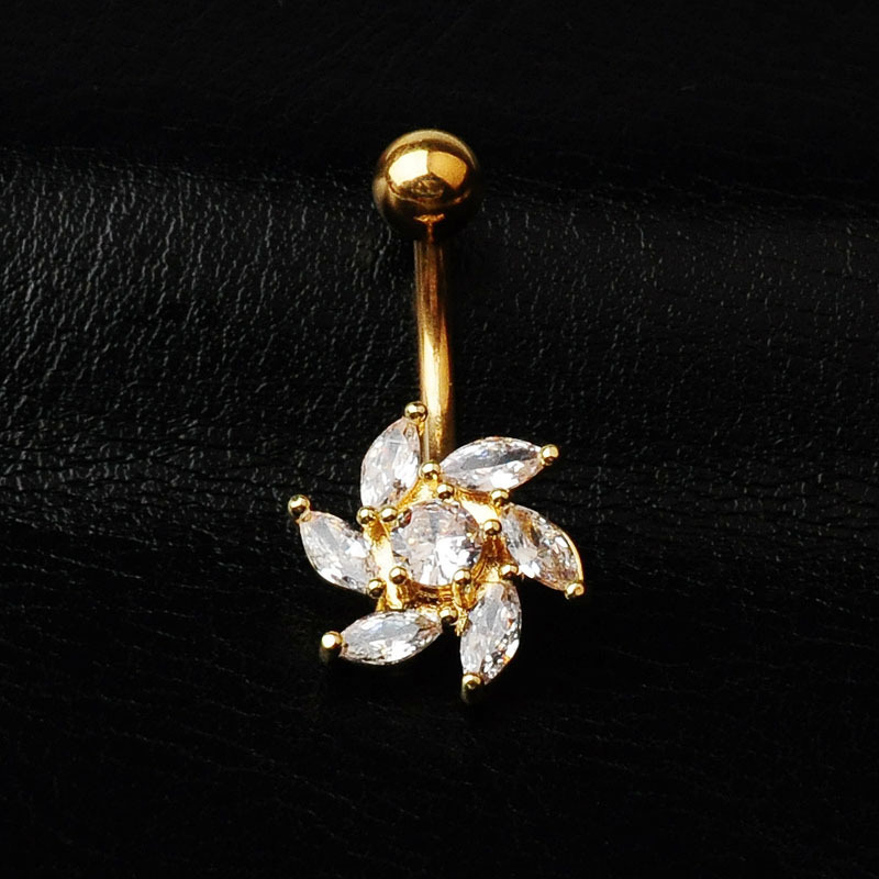 Unisex metalni pupak piercing s cvjetnim dizajnom i cirkonima, elektroplatiranje