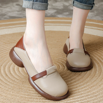 Ženske cipele od kože prvog sloja, okrugli vrh, retro stil (gumena potplat, unutarnja mikrovlakna, srednje visok pet 3–5 cm)