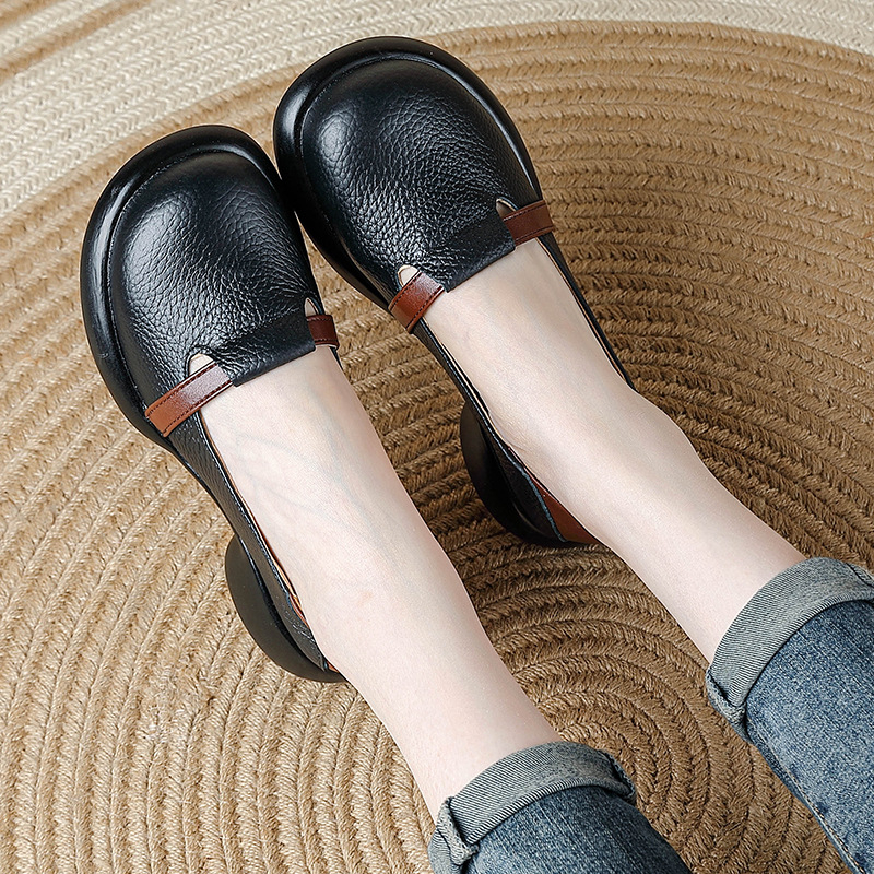 Ženske cipele od kože prvog sloja, okrugli vrh, retro stil (gumena potplat, unutarnja mikrovlakna, srednje visok pet 3–5 cm)