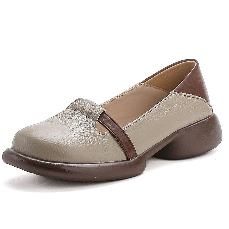 Ženske cipele od kože prvog sloja, okrugli vrh, retro stil (gumena potplat, unutarnja mikrovlakna, srednje visok pet 3–5 cm)