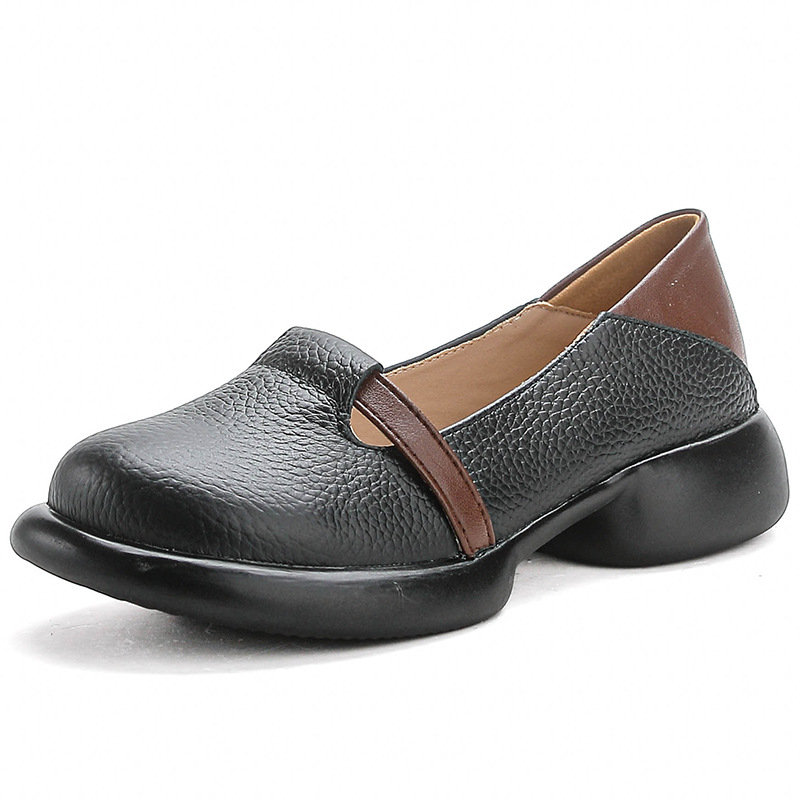 Ženske cipele od kože prvog sloja, okrugli vrh, retro stil (gumena potplat, unutarnja mikrovlakna, srednje visok pet 3–5 cm)