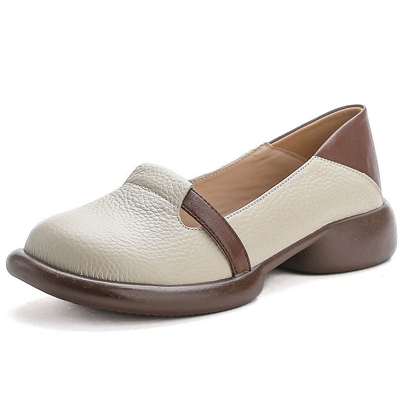 Ženske cipele od kože prvog sloja, okrugli vrh, retro stil (gumena potplat, unutarnja mikrovlakna, srednje visok pet 3–5 cm)