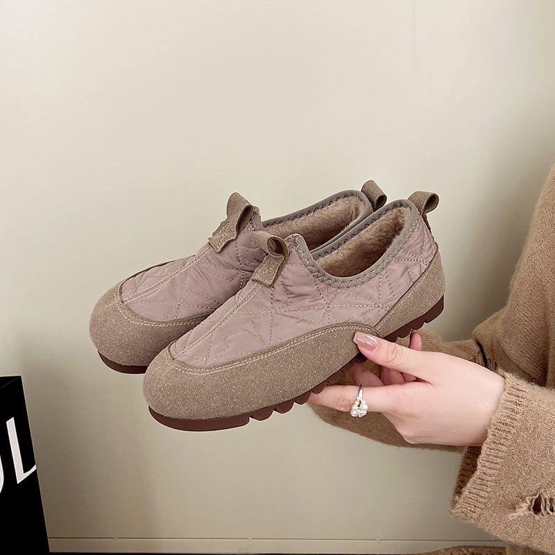 Ženske platnene mokasice u retro stilu, slip-on, s plišastim podstavom, gumena potplat, niska potpetica