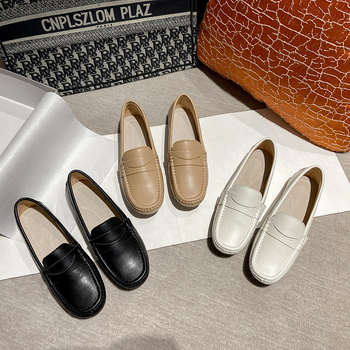Ženski loafers, korejskog stila, zaobljeni nos, vanjski materijal: druga klasa teleće kože, ravna potplata, gumeni potplat