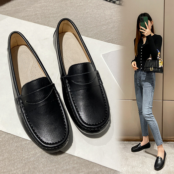 Ženski loafers, korejskog stila, zaobljeni nos, vanjski materijal: druga klasa teleće kože, ravna potplata, gumeni potplat