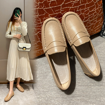 Ženski loafers, korejskog stila, zaobljeni nos, vanjski materijal: druga klasa teleće kože, ravna potplata, gumeni potplat